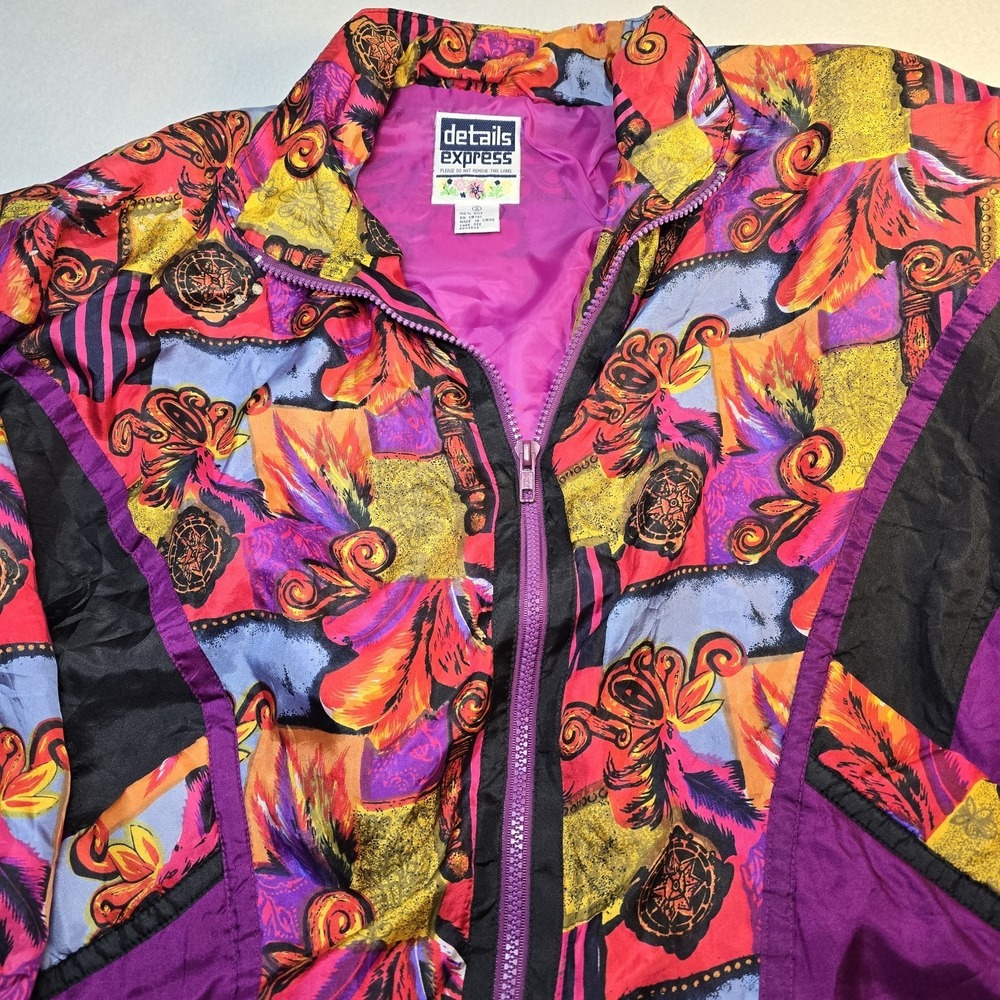 Vtg 90s Silk Bomber Jacket Abstract Geometric‎ Distressed Thrashed Eclectic